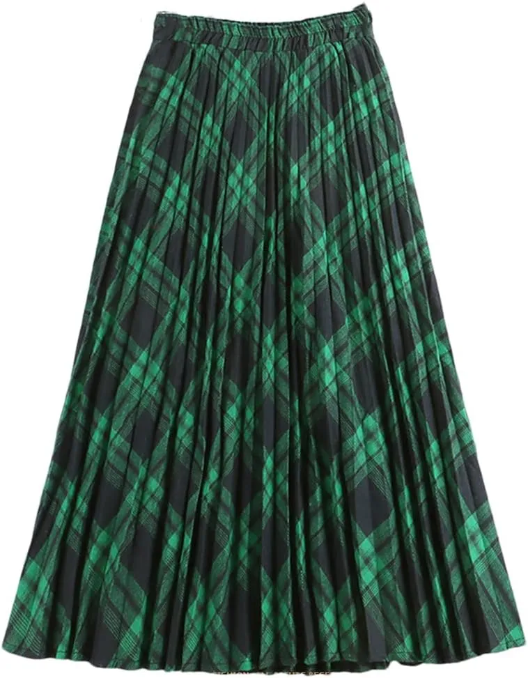 Disimlarl Women Cotton Plaid Skirt Elastic Waist Red Christmas Midi Long Pleated Skirts