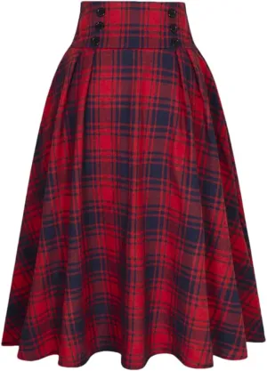 Disimlarl Women Elastic Vintage Pleated Red Plaid Skirt High Waist Buttons Decorated Midi Skirts