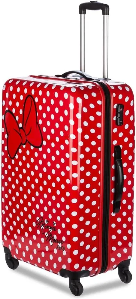 DISNEY STORE Official 28-Inch Hardside Large Luggage with Spinner Wheels and Retractable Handle, Rolling Suitcase for Travel - Minnie Mouse, Polka Dot Print, Embossed Bow
