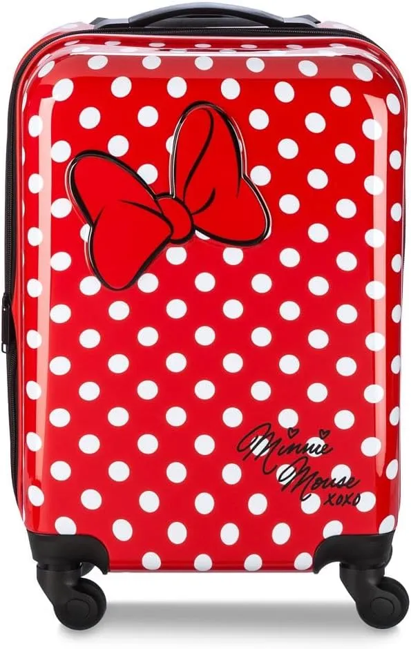 DISNEY STORE Official 28-Inch Hardside Large Luggage with Spinner Wheels and Retractable Handle, Rolling Suitcase for Travel - Minnie Mouse, Polka Dot Print, Embossed Bow