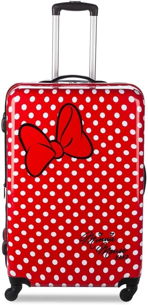 DISNEY STORE Official 28-Inch Hardside Large Luggage with Spinner Wheels and Retractable Handle, Rolling Suitcase for Travel - Minnie Mouse, Polka Dot Print, Embossed Bow