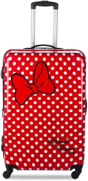 DISNEY STORE Official 28-Inch Hardside Large Luggage with Spinner Wheels and Retractable Handle, Rolling Suitcase for Travel - Minnie Mouse, Polka Dot Print, Embossed Bow
