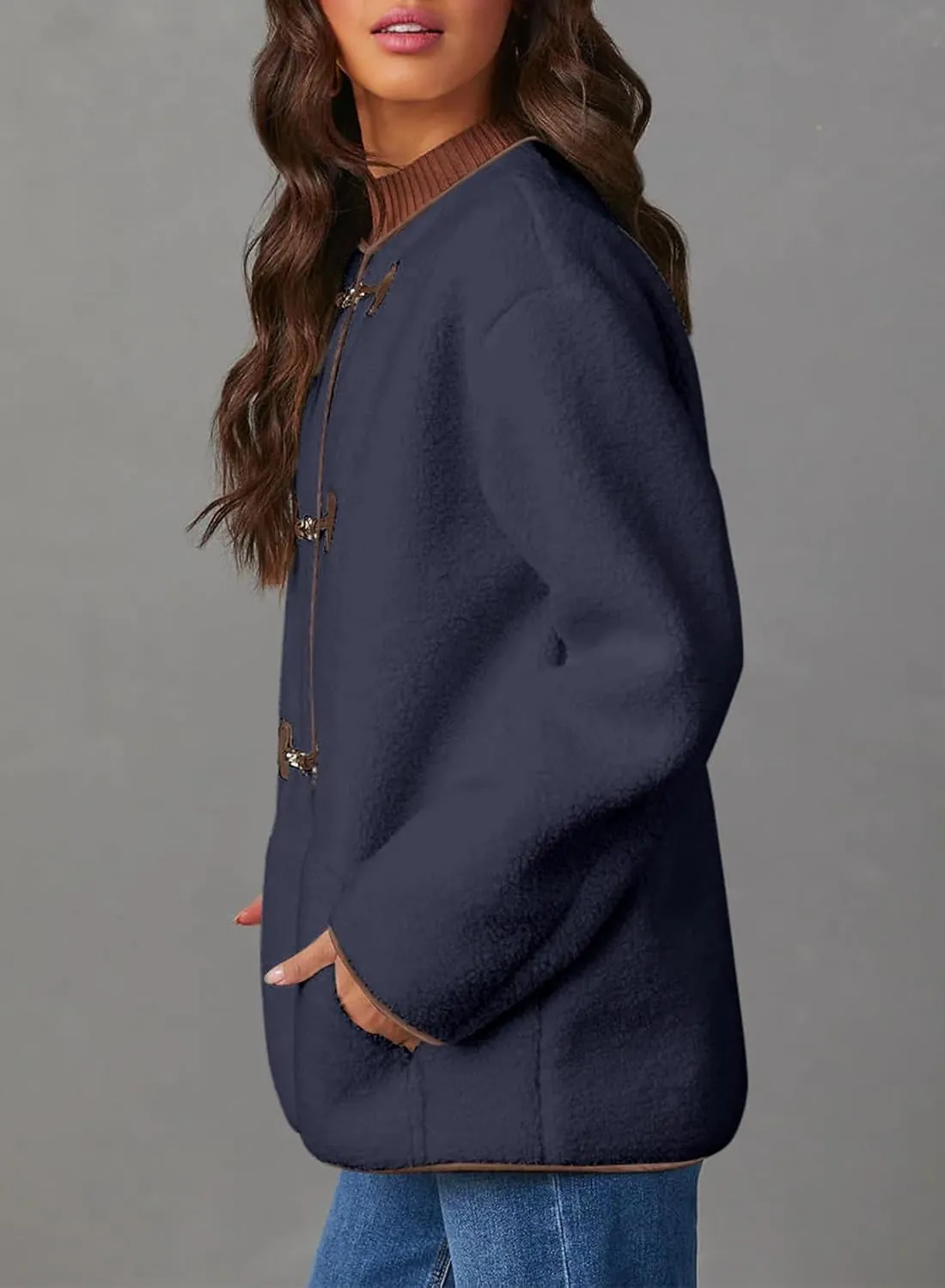 Dokotoo Womens Long Sleeve Jackets Fashion Faux Shearling Oversized Color Block Button Sherpa Jacket Coats
