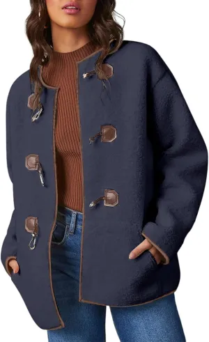 Dokotoo Womens Long Sleeve Jackets Fashion Faux Shearling Oversized Color Block Button Sherpa Jacket Coats