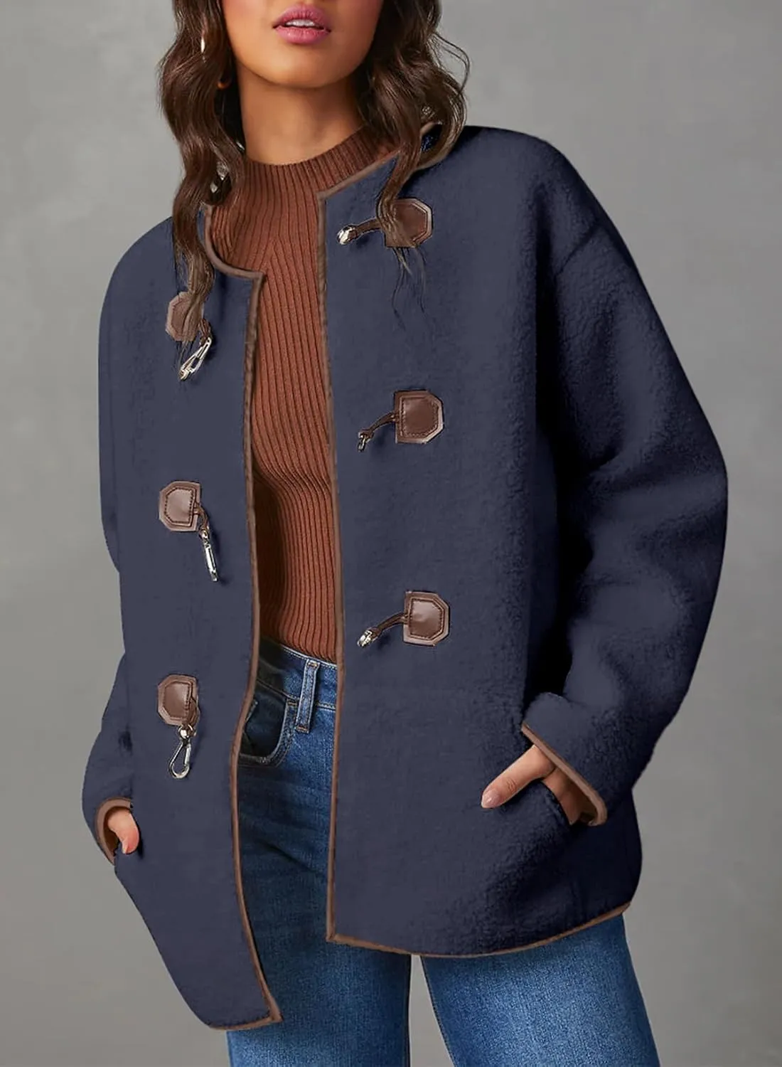 Dokotoo Womens Long Sleeve Jackets Fashion Faux Shearling Oversized Color Block Button Sherpa Jacket Coats