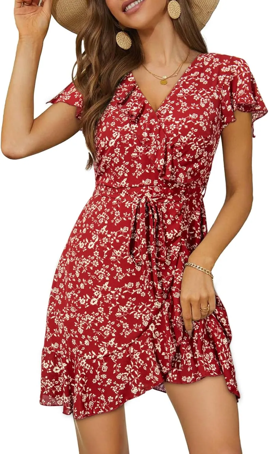 Dokotoo Womens Summer Dresses 2025 Deep V Neck Ruffle Floral Flowy Mini Dress Sundresses Vacation Beach Outfits for Women
