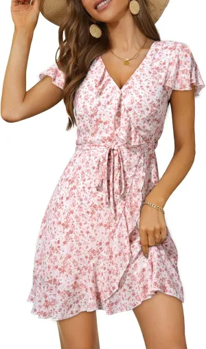 Dokotoo Womens Summer Dresses 2025 Deep V Neck Ruffle Floral Flowy Mini Dress Sundresses Vacation Beach Outfits for Women
