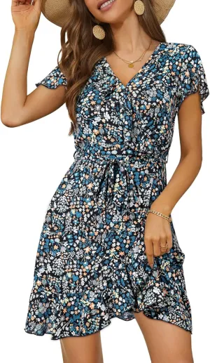 Dokotoo Womens Summer Dresses 2025 Deep V Neck Ruffle Floral Flowy Mini Dress Sundresses Vacation Beach Outfits for Women