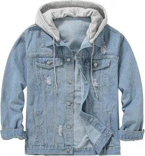 DOSLAVIDA Men's Distressed Denim Jacket Unisex Button Down Jean Coat Casual Long Sleeve Trucker Hooded Jackets Outwear