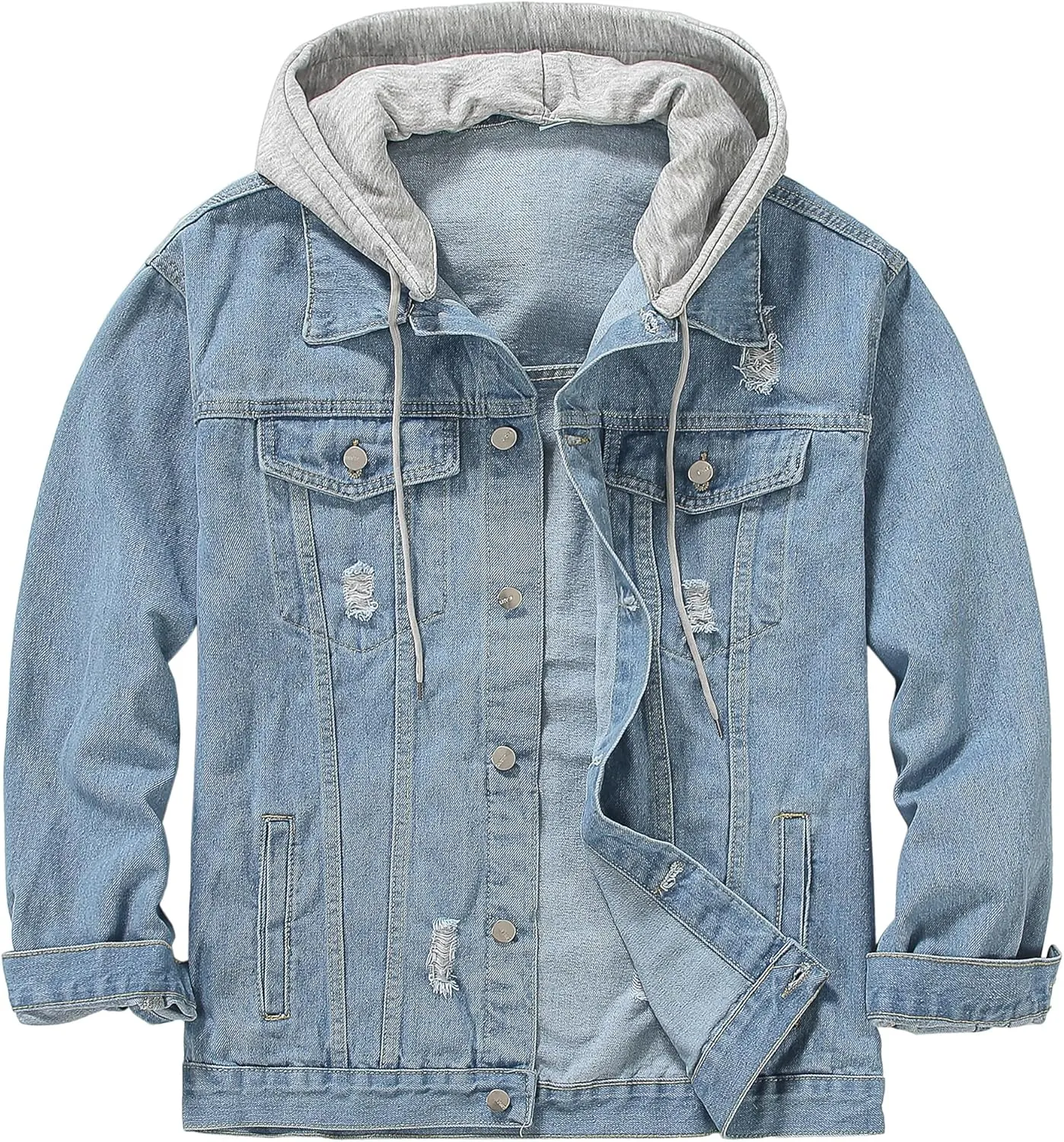DOSLAVIDA Men's Distressed Denim Jacket Unisex Button Down Jean Coat Casual Long Sleeve Trucker Hooded Jackets Outwear