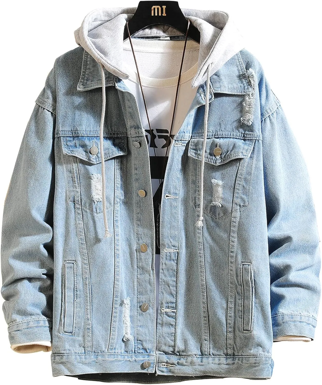 DOSLAVIDA Men's Distressed Denim Jacket Unisex Button Down Jean Coat Casual Long Sleeve Trucker Hooded Jackets Outwear
