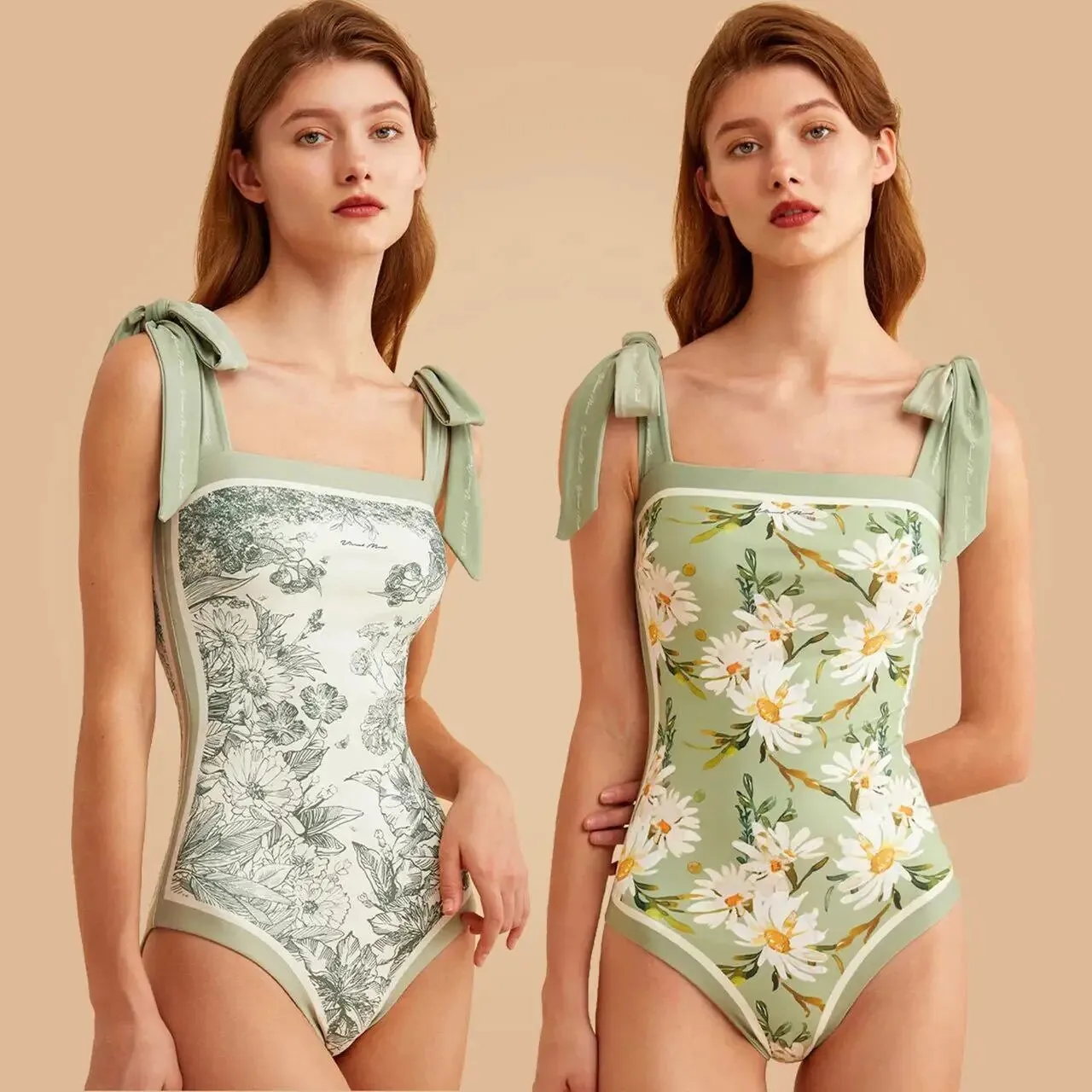 Double-sided Wear Retro French Suspender Swimwear One-piece Swimsuit AB Pattern Floral Bikini Monokini Youth Beach Bathing Suits