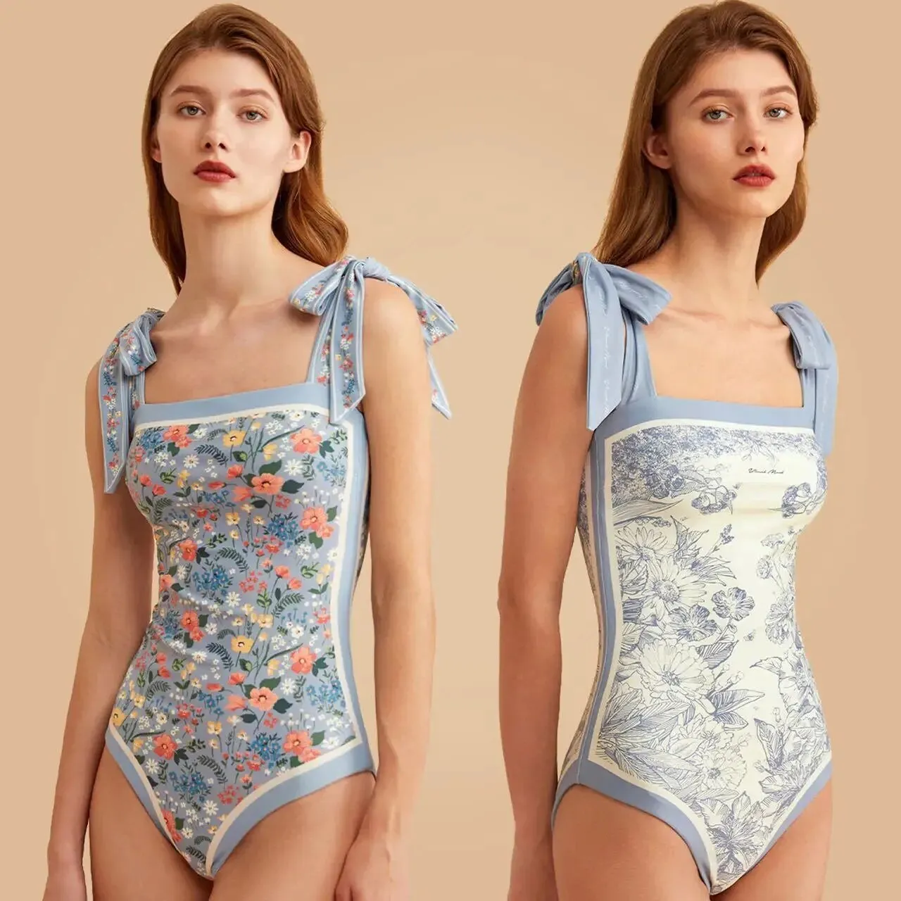 Double-sided Wear Retro French Suspender Swimwear One-piece Swimsuit AB Pattern Floral Bikini Monokini Youth Beach Bathing Suits