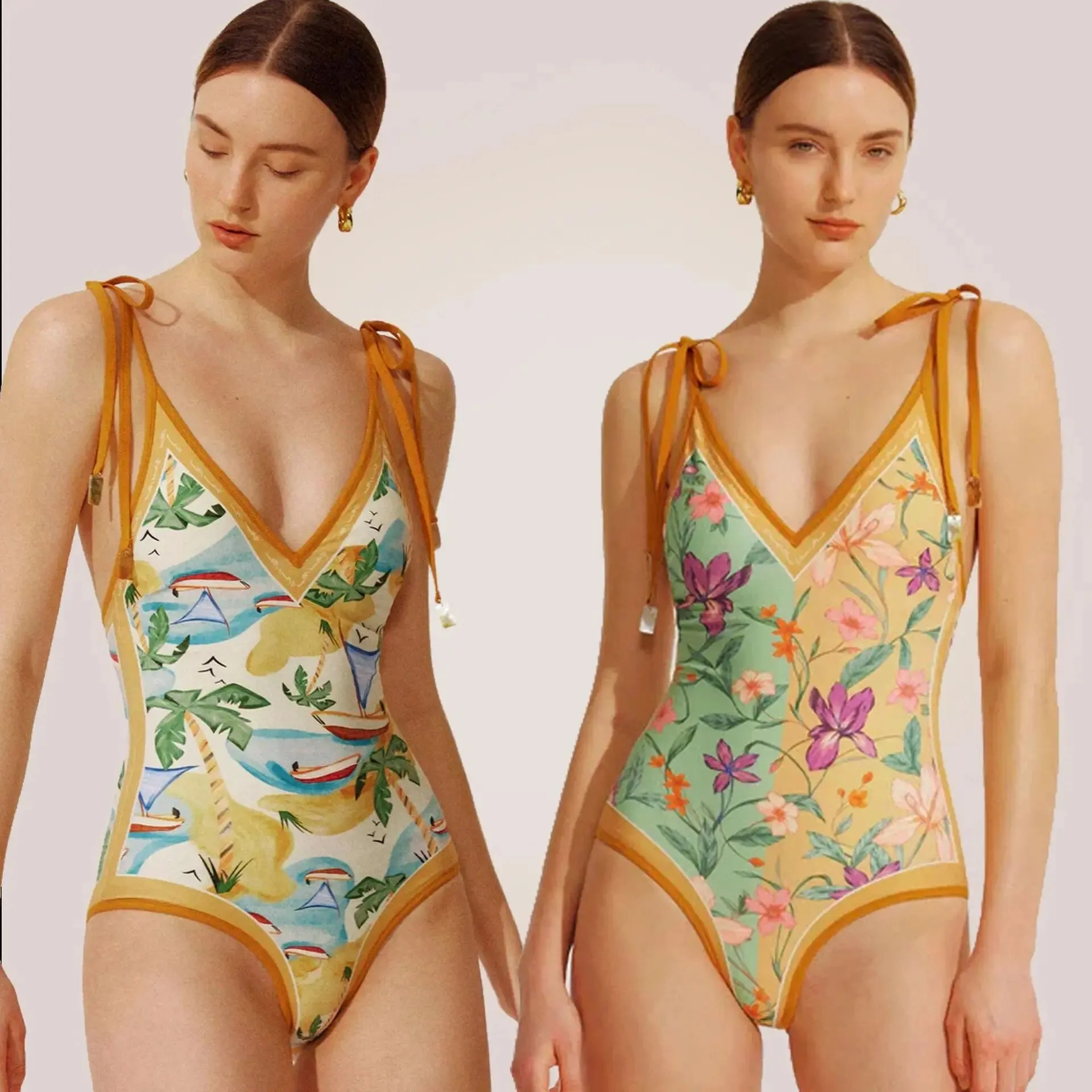Double-sided Wear Retro French Suspender Swimwear One-piece Swimsuit AB Pattern Floral Bikini Monokini Youth Beach Bathing Suits