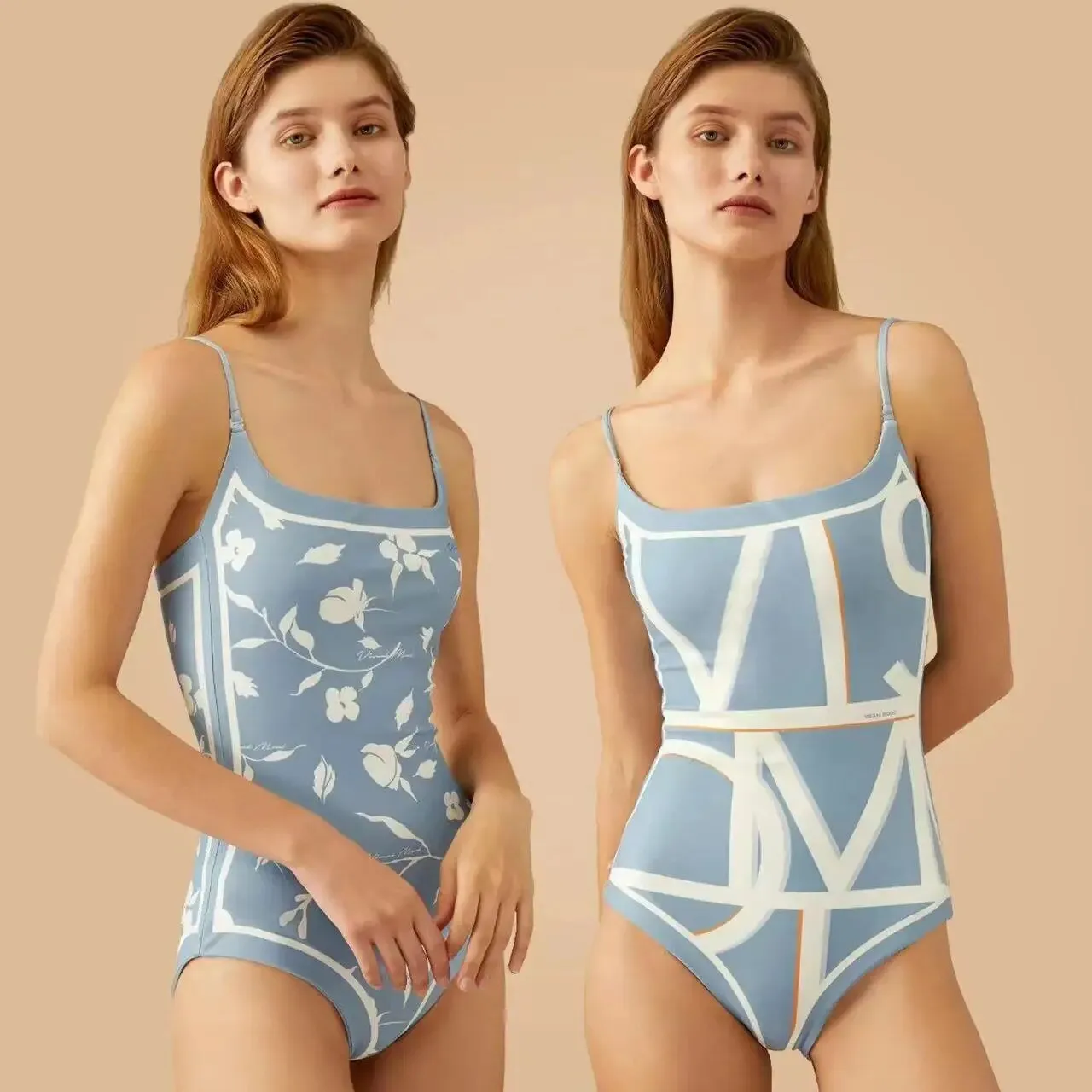 Double-sided Wear Retro French Suspender Swimwear One-piece Swimsuit AB Pattern Floral Bikini Monokini Youth Beach Bathing Suits