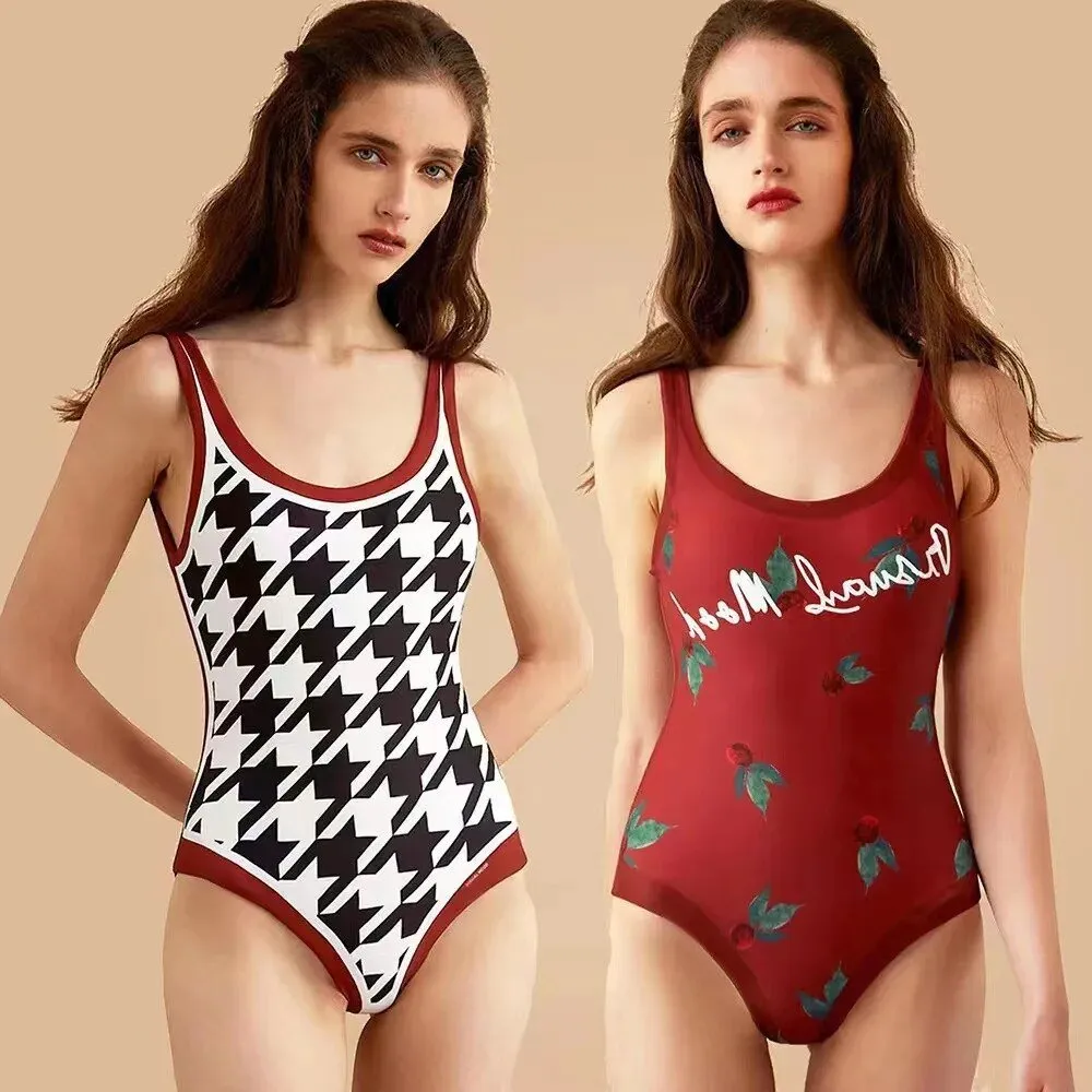 Double-sided Wear Retro French Suspender Swimwear One-piece Swimsuit AB Pattern Floral Bikini Monokini Youth Beach Bathing Suits