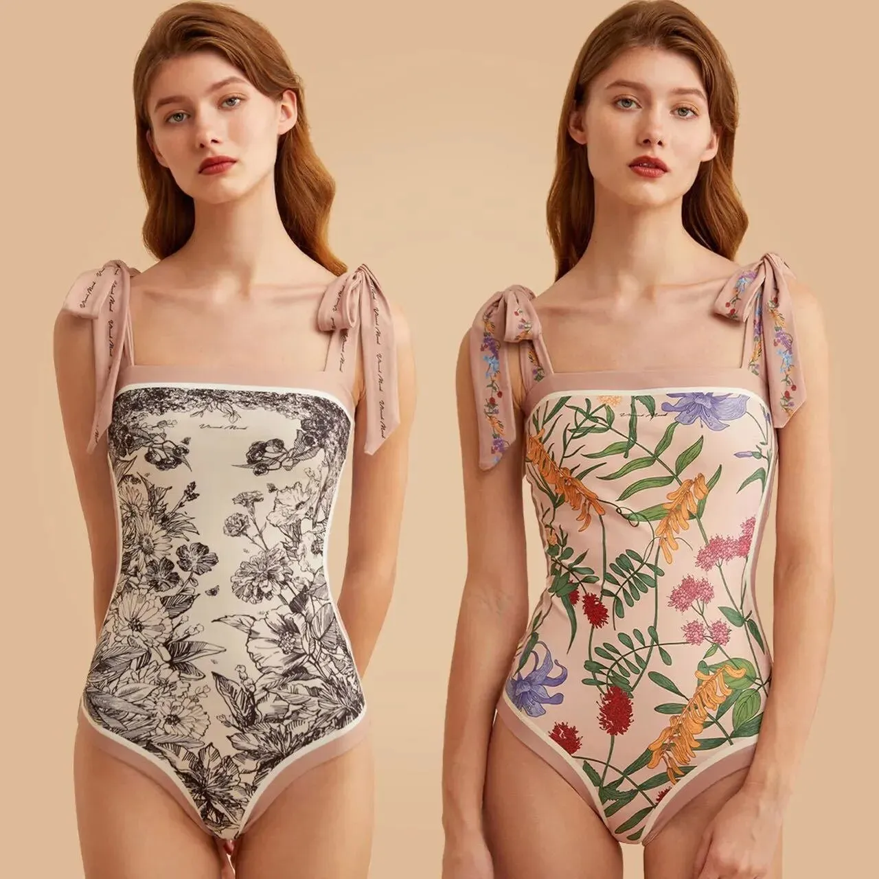 Double-sided Wear Retro French Suspender Swimwear One-piece Swimsuit AB Pattern Floral Bikini Monokini Youth Beach Bathing Suits