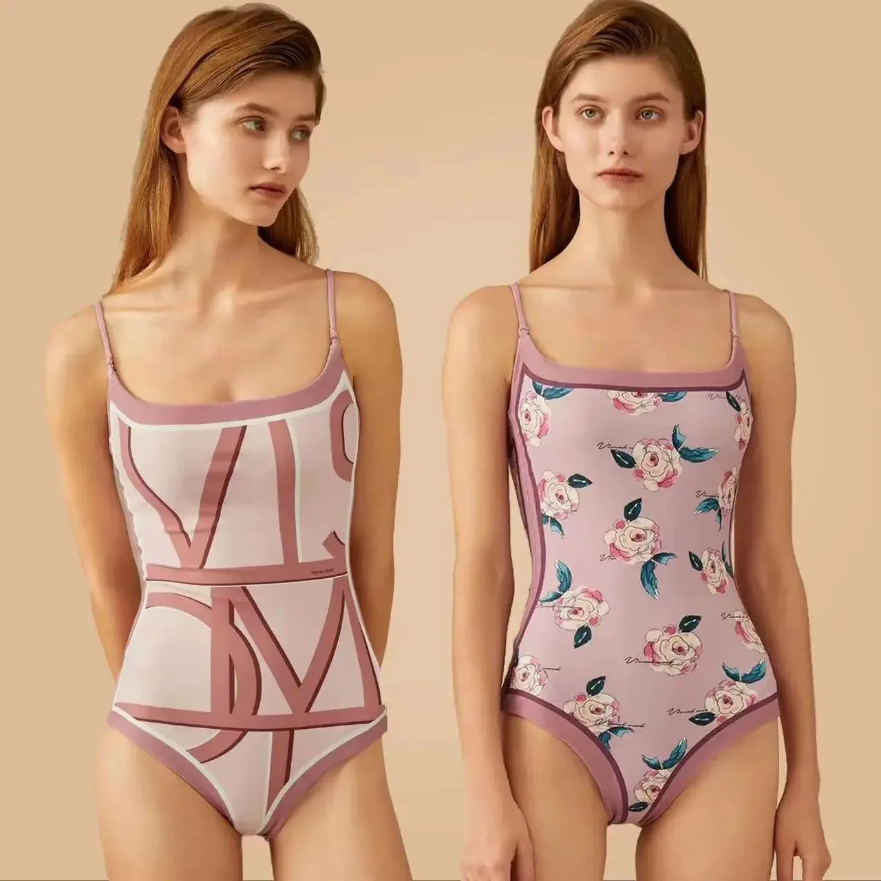 Double-sided Wear Retro French Suspender Swimwear One-piece Swimsuit AB Pattern Floral Bikini Monokini Youth Beach Bathing Suits