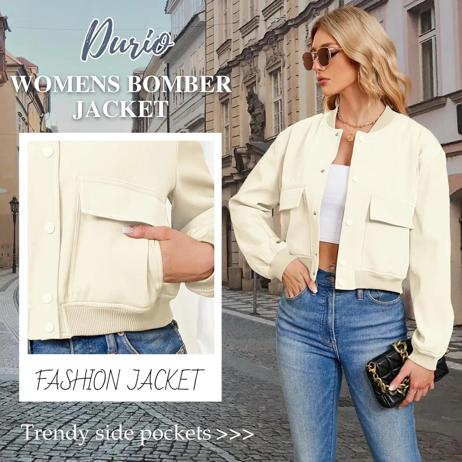 Durio Womens Bomber Jacket Fashion Short Cropped Jacket Casual Jackets for Women Varsity Jacket with Pockets Spring Fall
