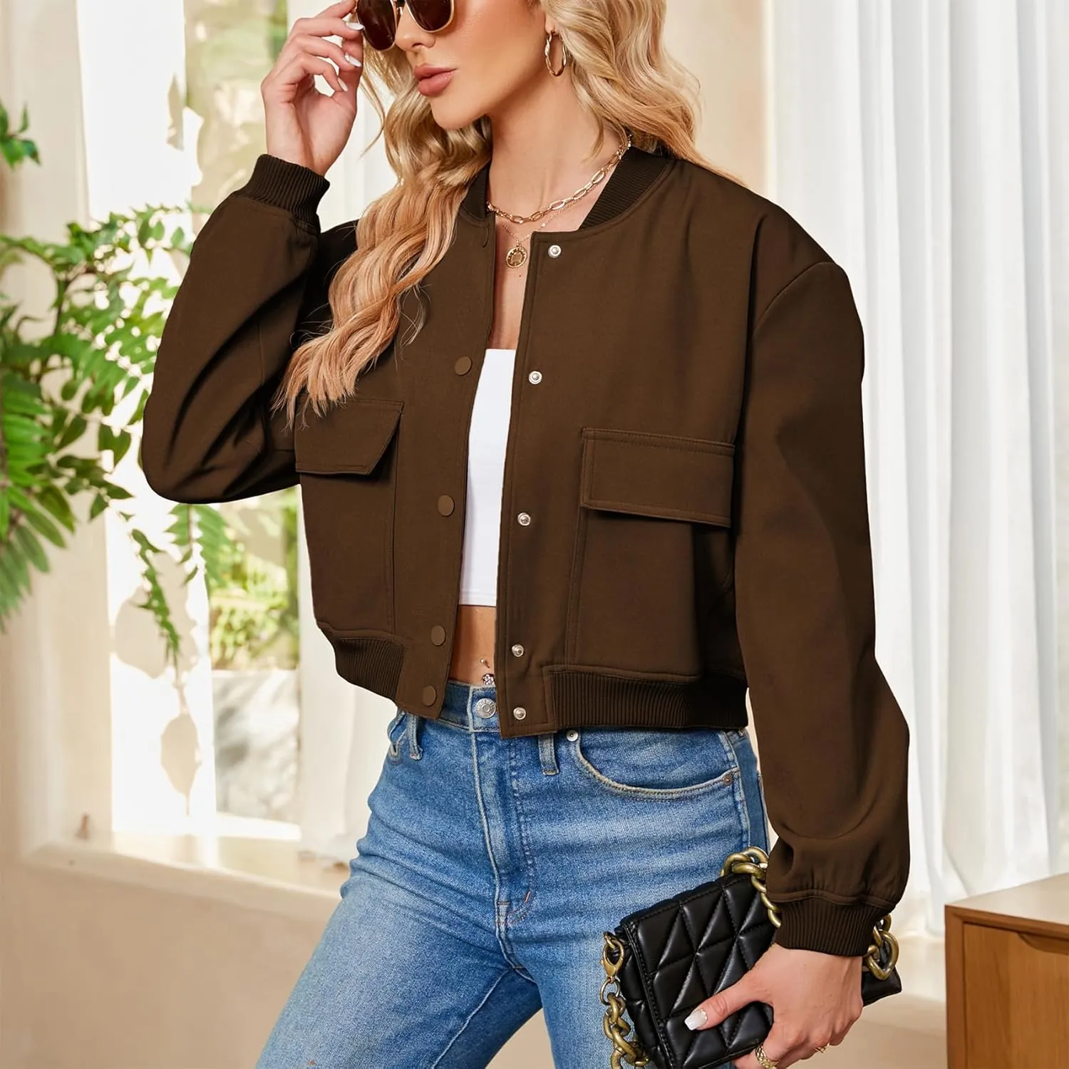 Durio Womens Bomber Jacket Fashion Short Cropped Jacket Casual Jackets for Women Varsity Jacket with Pockets Spring Fall