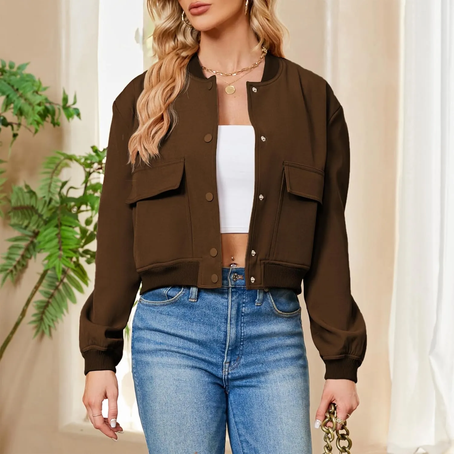 Durio Womens Bomber Jacket Fashion Short Cropped Jacket Casual Jackets for Women Varsity Jacket with Pockets Spring Fall