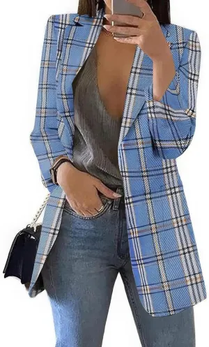 ebossy Womens Casual Plaid Tweed Blazers Long Sleeve Notched Lapel Slim Work Office Suit Jackets