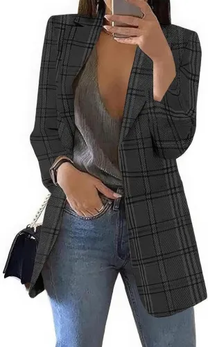 ebossy Womens Casual Plaid Tweed Blazers Long Sleeve Notched Lapel Slim Work Office Suit Jackets