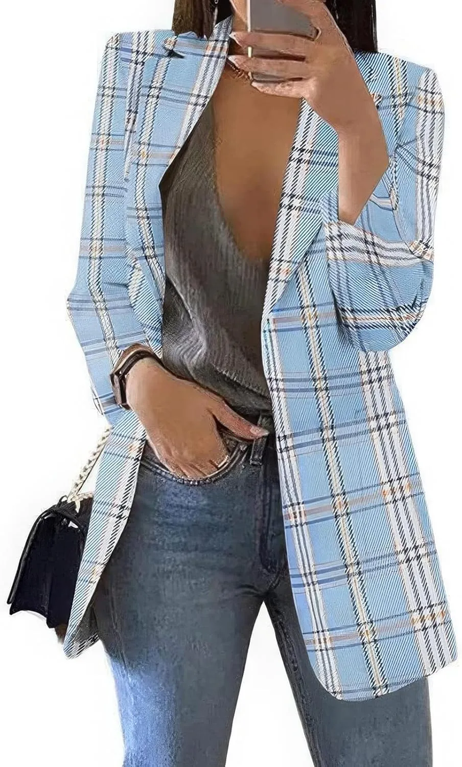 ebossy Womens Casual Plaid Tweed Blazers Long Sleeve Notched Lapel Slim Work Office Suit Jackets