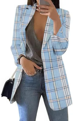 ebossy Womens Casual Plaid Tweed Blazers Long Sleeve Notched Lapel Slim Work Office Suit Jackets