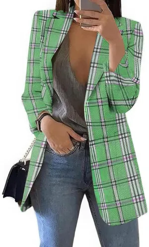 ebossy Womens Casual Plaid Tweed Blazers Long Sleeve Notched Lapel Slim Work Office Suit Jackets