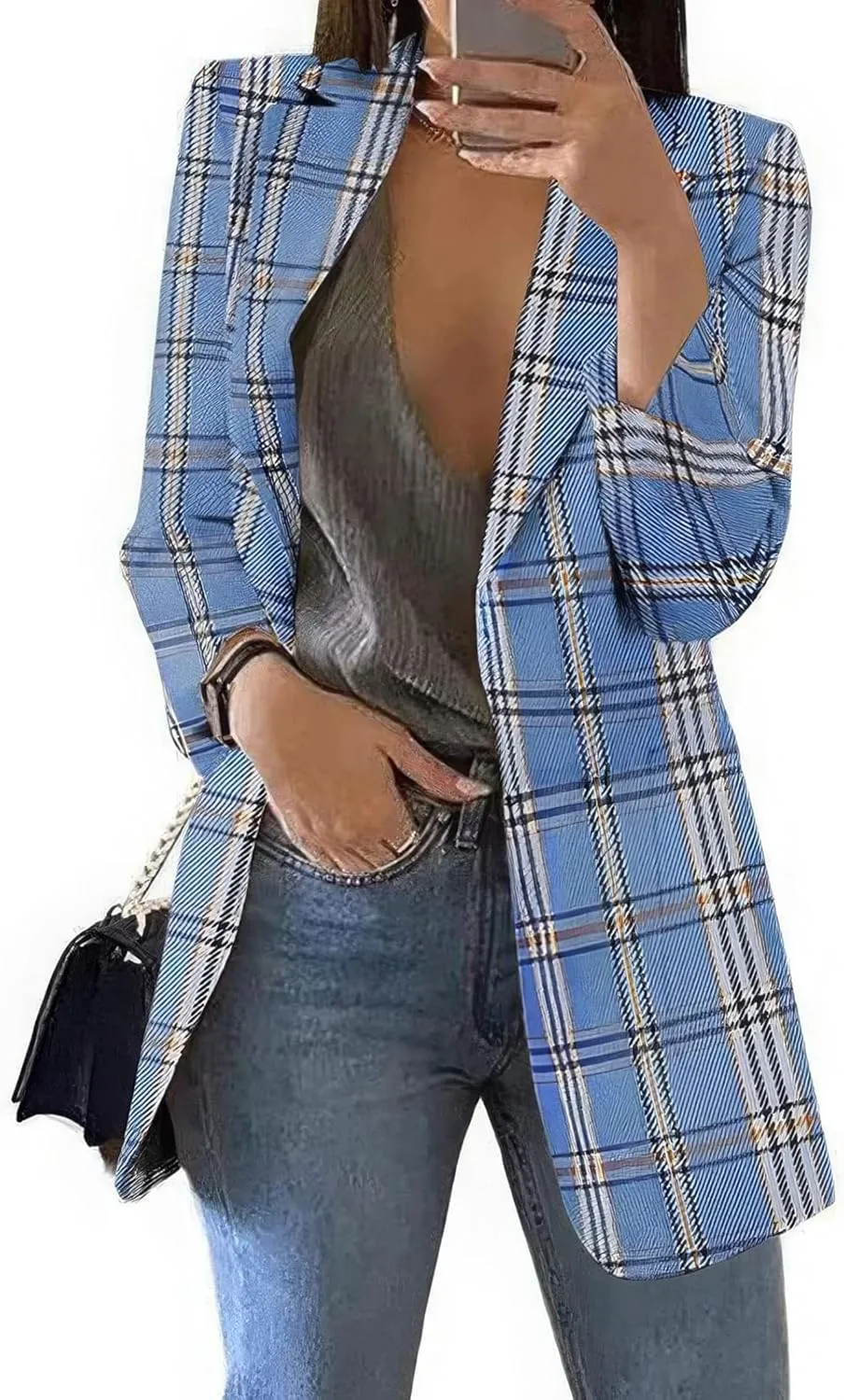 ebossy Womens Casual Plaid Tweed Blazers Long Sleeve Notched Lapel Slim Work Office Suit Jackets
