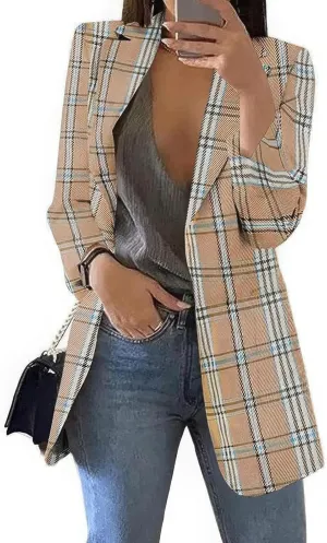 ebossy Womens Casual Plaid Tweed Blazers Long Sleeve Notched Lapel Slim Work Office Suit Jackets
