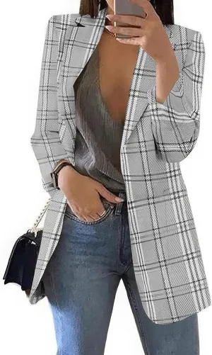 ebossy Womens Casual Plaid Tweed Blazers Long Sleeve Notched Lapel Slim Work Office Suit Jackets