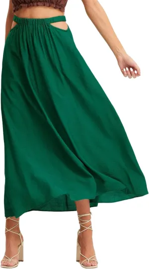 ebossy Women's Cutout Flowy Boho Long Skirt Elastic Waist Solid Color A-Line Swing Beach Holiday Cotton Skirt