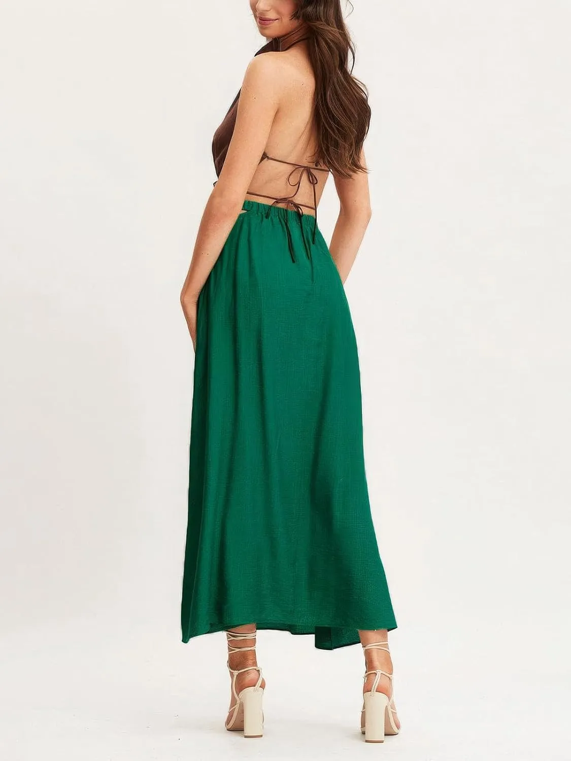 ebossy Women's Cutout Flowy Boho Long Skirt Elastic Waist Solid Color A-Line Swing Beach Holiday Cotton Skirt