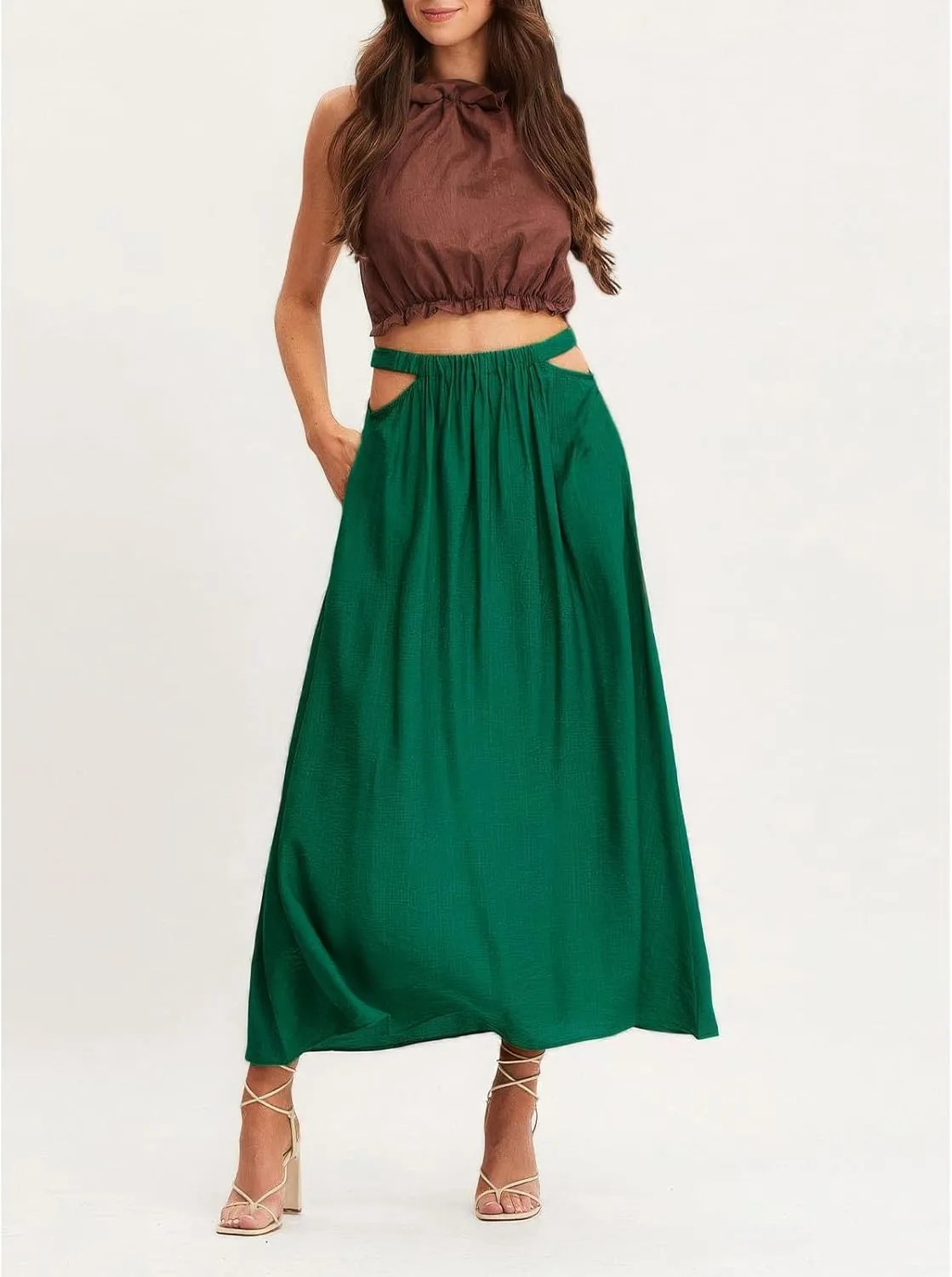 ebossy Women's Cutout Flowy Boho Long Skirt Elastic Waist Solid Color A-Line Swing Beach Holiday Cotton Skirt