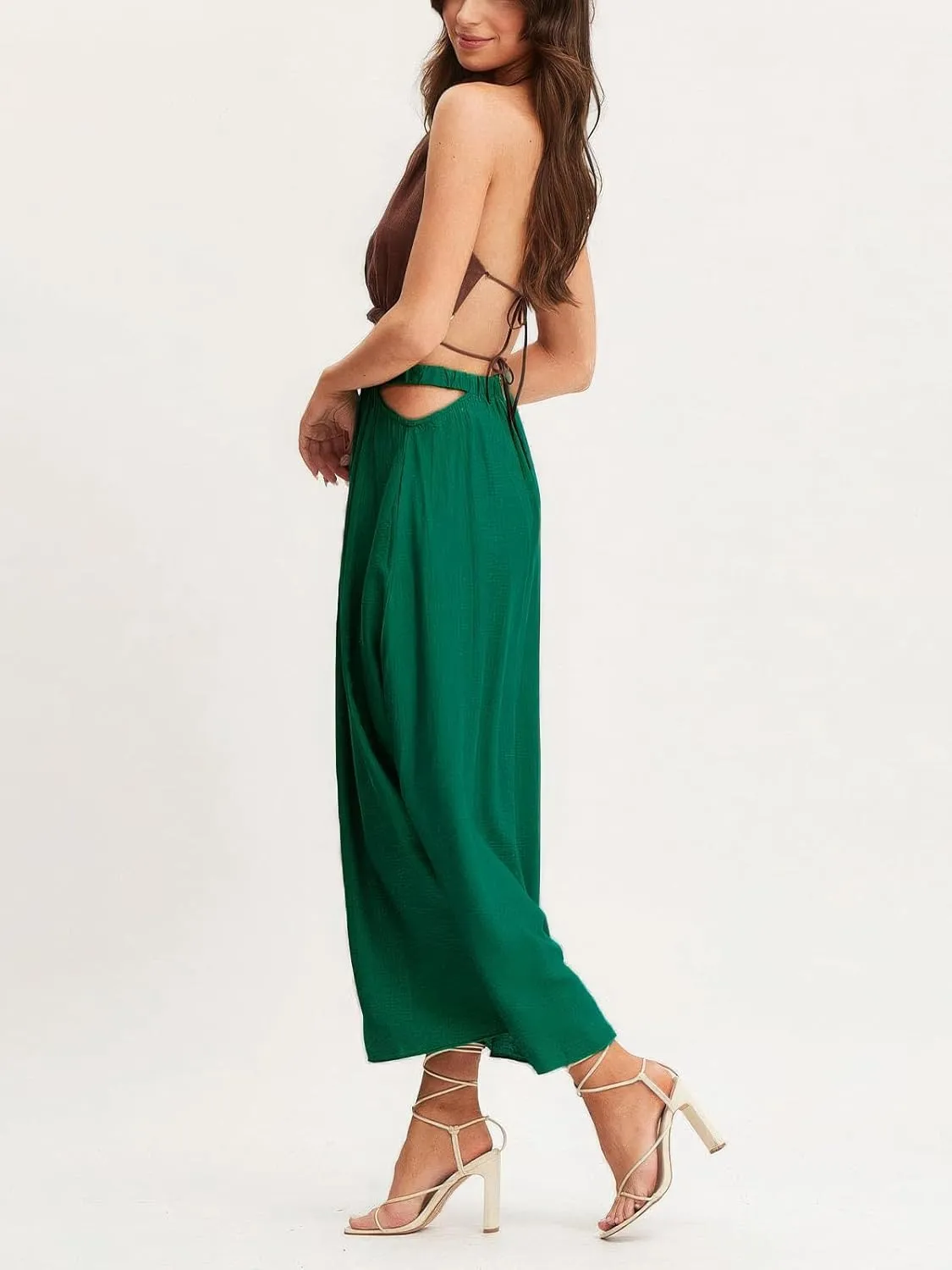 ebossy Women's Cutout Flowy Boho Long Skirt Elastic Waist Solid Color A-Line Swing Beach Holiday Cotton Skirt
