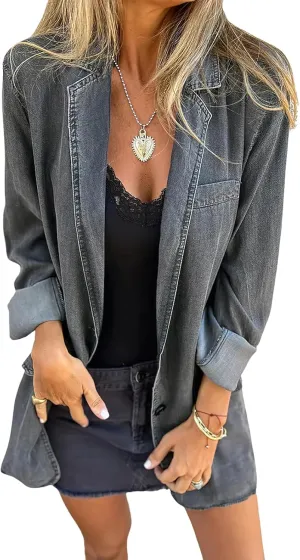 ebossy Women's Notch Lapel Denim Blazer Jacket Button Up Long Sleeve Slim Jean Coat with Pockets