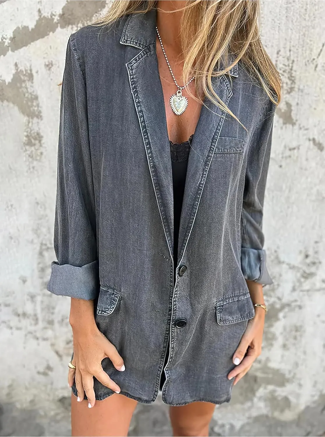 ebossy Women's Notch Lapel Denim Blazer Jacket Button Up Long Sleeve Slim Jean Coat with Pockets
