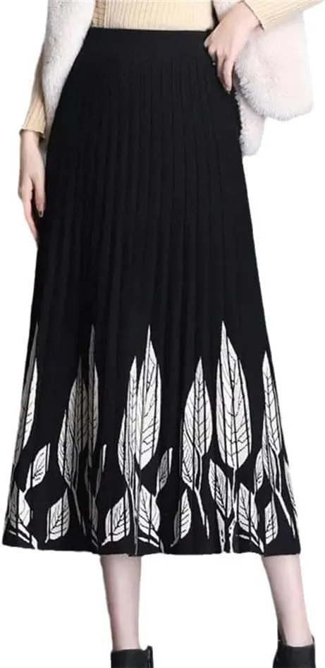 Elastic High Waist Pleated A-Line Skirts for Women Autumn Winter Printing Thicken Knitted All-Match Midi Skirt