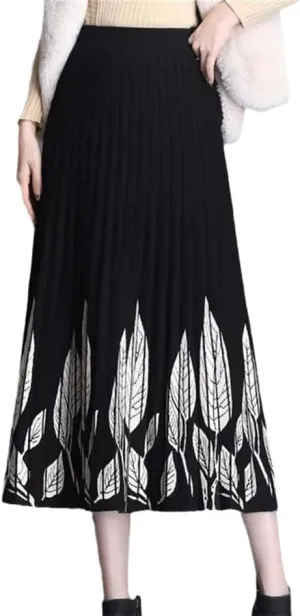 Elastic High Waist Pleated A-Line Skirts for Women Autumn Winter Printing Thicken Knitted All-Match Midi Skirt