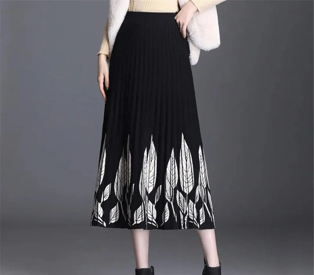 Elastic High Waist Pleated A-Line Skirts for Women Autumn Winter Printing Thicken Knitted All-Match Midi Skirt