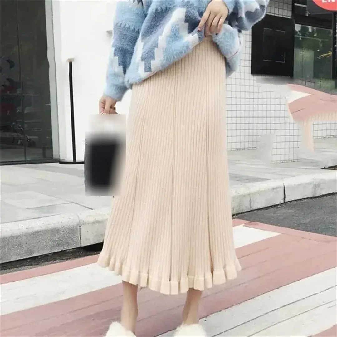 Elastic High Waist Solid Color A-Line Skirts for Women Autumn Winter Pleated Ruffle Warm Knitted Skirt Midi Skirt