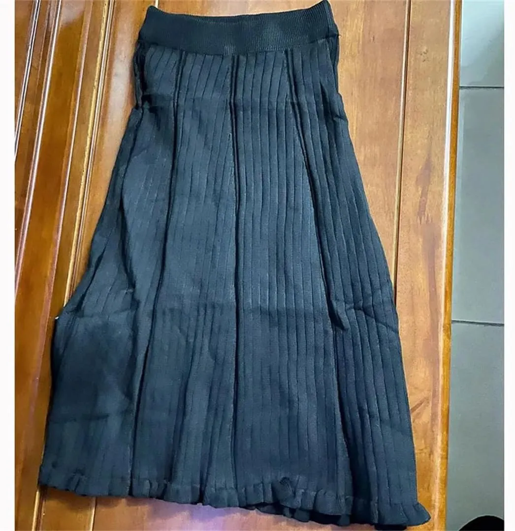 Elastic High Waist Solid Color A-Line Skirts for Women Autumn Winter Pleated Ruffle Warm Knitted Skirt Midi Skirt