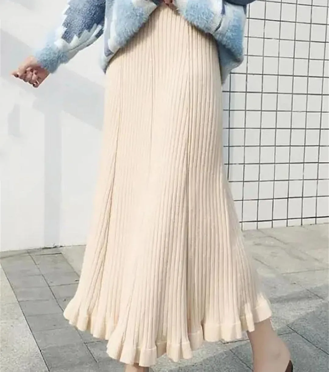 Elastic High Waist Solid Color A-Line Skirts for Women Autumn Winter Pleated Ruffle Warm Knitted Skirt Midi Skirt