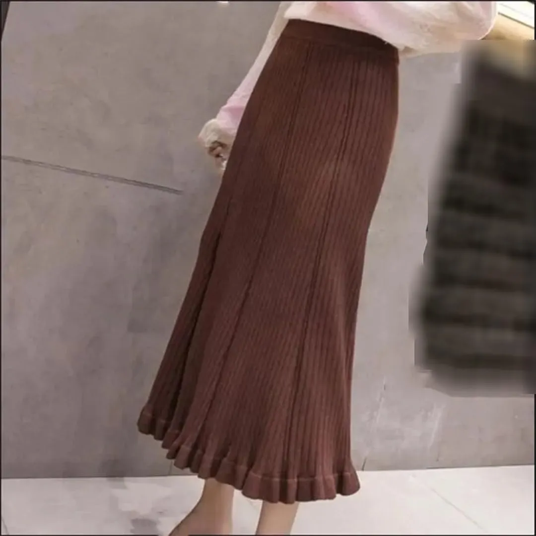 Elastic High Waist Solid Color A-Line Skirts for Women Autumn Winter Pleated Ruffle Warm Knitted Skirt Midi Skirt