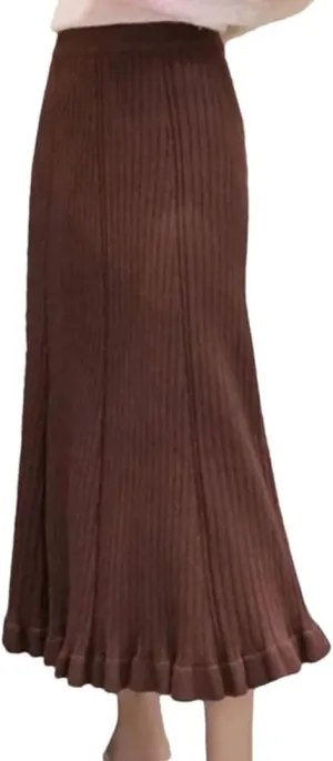Elastic High Waist Solid Color A-Line Skirts for Women Autumn Winter Pleated Ruffle Warm Knitted Skirt Midi Skirt