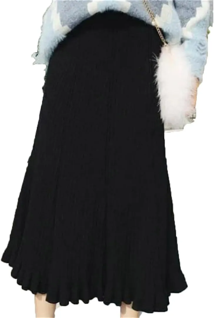 Elastic High Waist Solid Color A-Line Skirts for Women Autumn Winter Pleated Ruffle Warm Knitted Skirt Midi Skirt