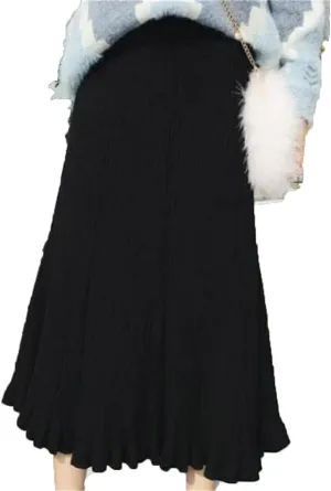 Elastic High Waist Solid Color A-Line Skirts for Women Autumn Winter Pleated Ruffle Warm Knitted Skirt Midi Skirt