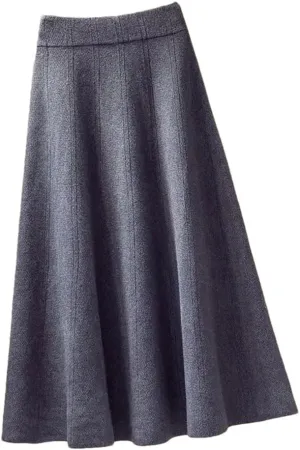 Elegant Midi Pleated Knitted Skirt Women Autumn Winter Mid Length A Line High Waist Skirt